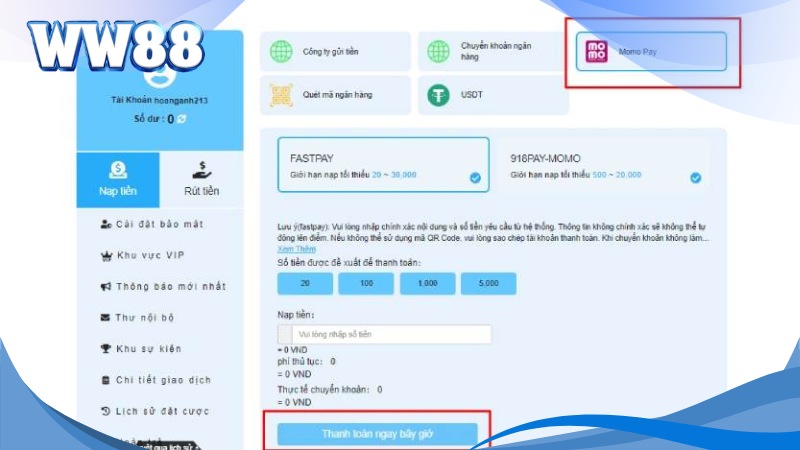 Hướng Dẫn Nạp Tiền WW88 Cực Chi Tiết Theo Nhiều Cách 2 Nạp tiền WW88 qua Momo