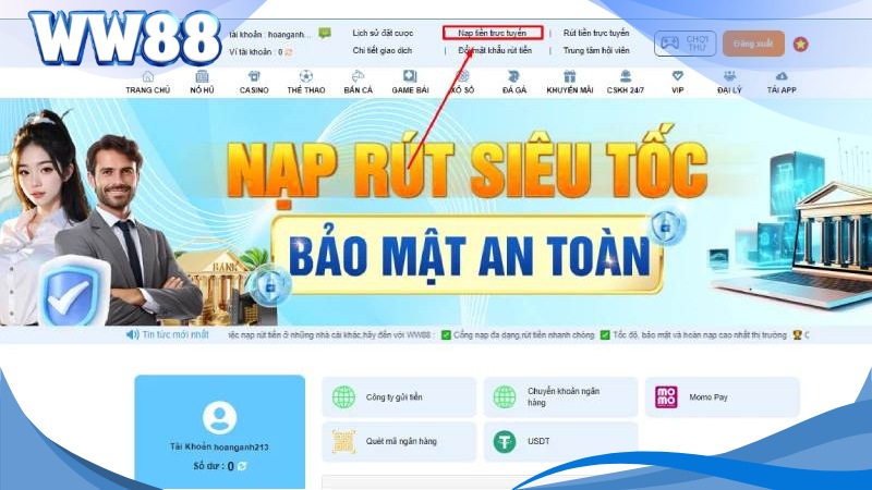 Hướng Dẫn Nạp Tiền WW88 Cực Chi Tiết Theo Nhiều Cách 3 Chọn nạp tiền WW88 ở trang chủ