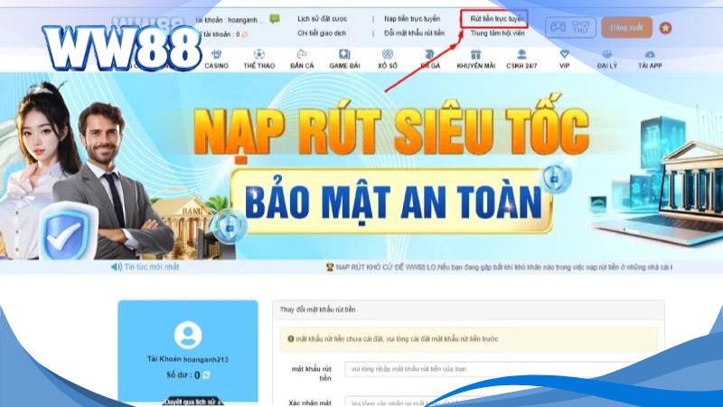Hướng Dẫn Cách Rút Tiền WW88 Siêu Tốc Và An Toàn Nhất 1 Chọn rút tiền WW88
